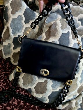 Black Leather Shoulder Bag with Gold Hardware